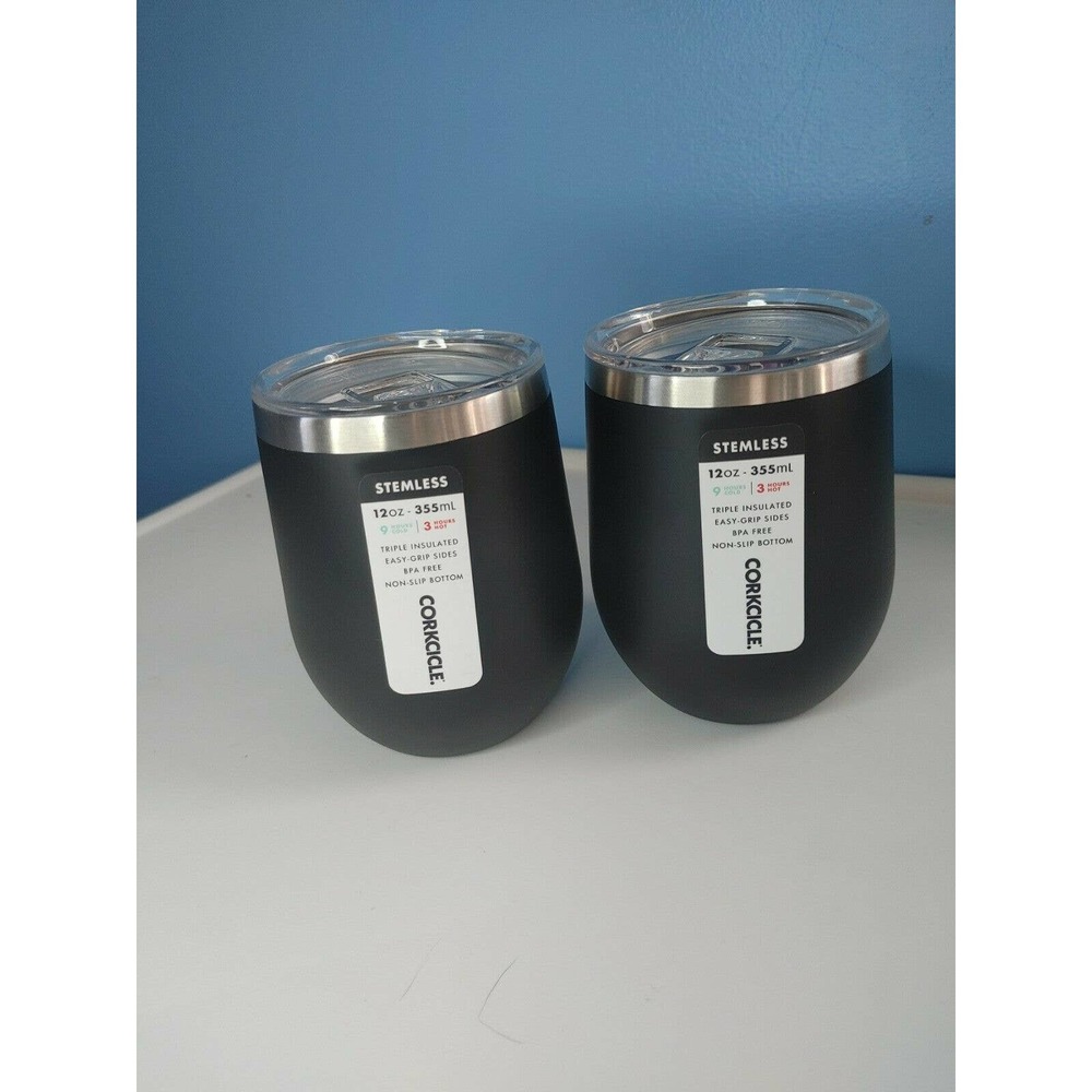 Corkcicle 12 Ounce Stemless Travel Cup with Lid, Black (2 Cups)